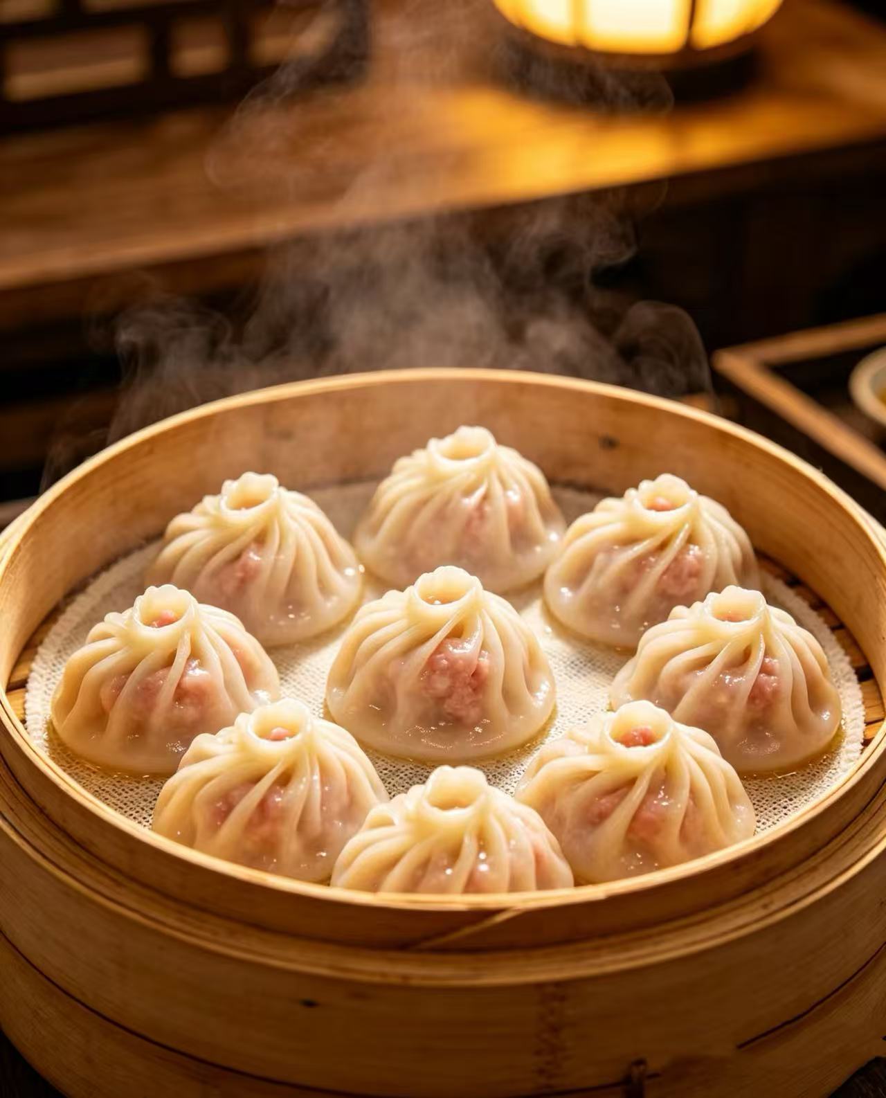 Steamed xiaolongbao in a bamboo basket, a different Shanghai dish from pan-fried shengjianbao