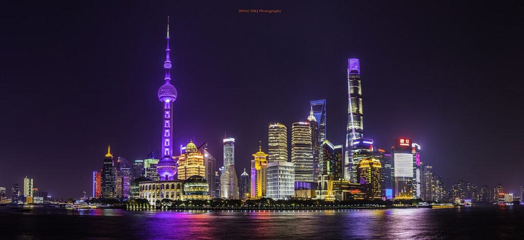Illuminated Pudong towers across the Huangpu River, viewed from the Bund in Shanghai