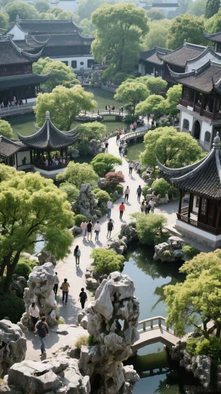 Pavilions, rockeries and green planting inside Yu Garden in Shanghai